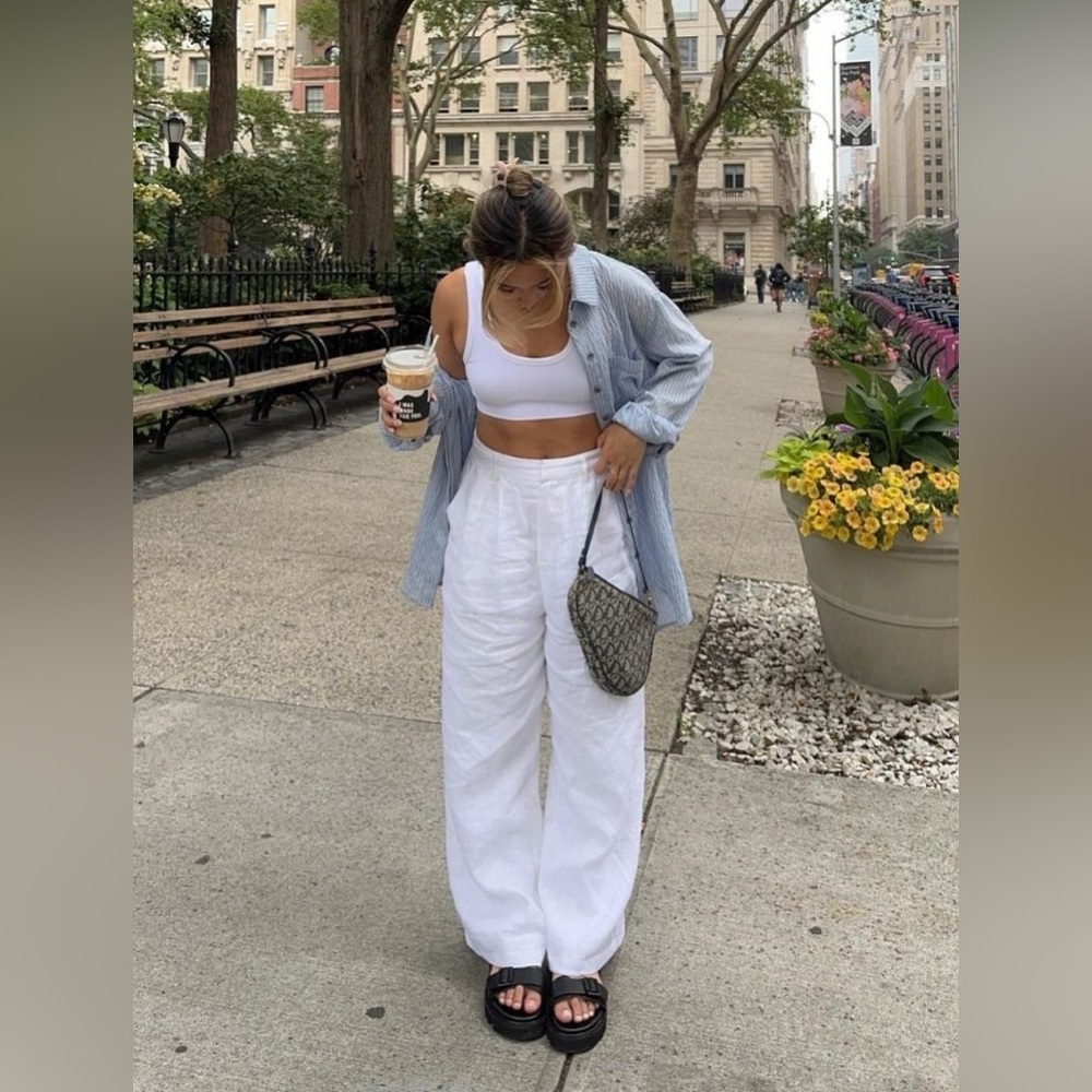 White Linen Straight Legs Pants - Picture 5 of 7